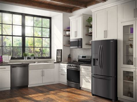 black stainless steel appliances with off white cabinets|black stainless steel kitchen cabinets.